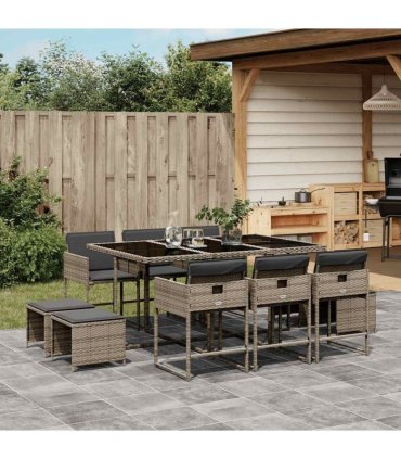 vidaXL 11 Piece Garden Dining Set with Cushions Grey Poly Rattan