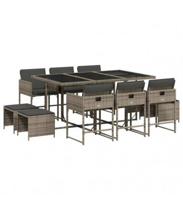 vidaXL 11 Piece Garden Dining Set with Cushions Grey Poly Rattan