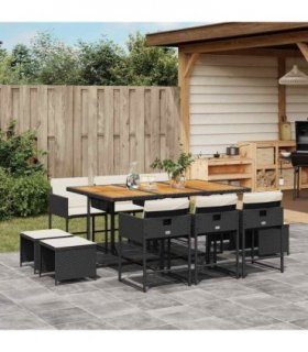 vidaXL 11 Piece Garden Dining Set with Cushions Black Poly Rattan