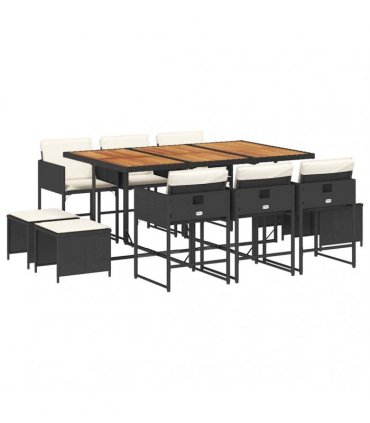 vidaXL 11 Piece Garden Dining Set with Cushions Black Poly Rattan