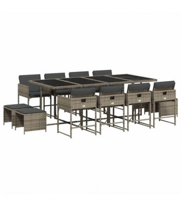 vidaXL 13 Piece Garden Dining Set with Cushions Grey Poly Rattan