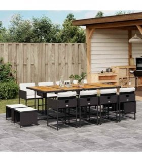 vidaXL 13 Piece Garden Dining Set with Cushions Black Poly Rattan