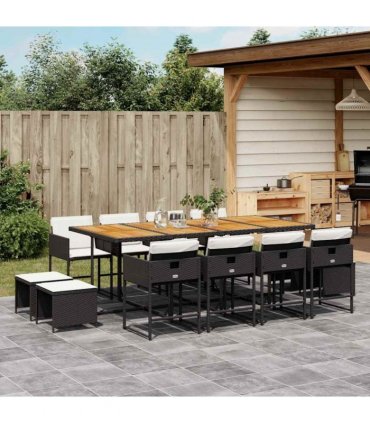 vidaXL 13 Piece Garden Dining Set with Cushions Black Poly Rattan
