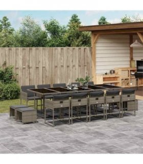 vidaXL 15 Piece Garden Dining Set with Cushions Grey Poly Rattan
