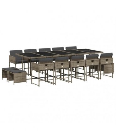 vidaXL 15 Piece Garden Dining Set with Cushions Grey Poly Rattan