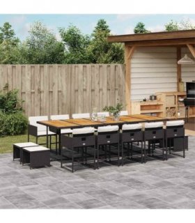 vidaXL 15 Piece Garden Dining Set with Cushions Black Poly Rattan