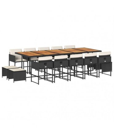 vidaXL 15 Piece Garden Dining Set with Cushions Black Poly Rattan