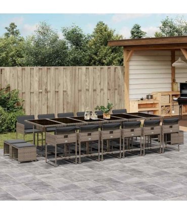 vidaXL 17 Piece Garden Dining Set with Cushions Grey Poly Rattan