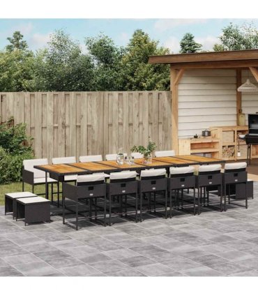 vidaXL 17 Piece Garden Dining Set with Cushions Black Poly Rattan