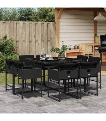 vidaXL 9 Piece Garden Dining Set with Cushions Black Poly Rattan