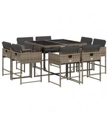 vidaXL 9 Piece Garden Dining Set with Cushions Grey Poly Rattan