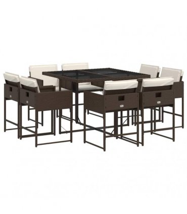 vidaXL 9 Piece Garden Dining Set with Cushions Brown Poly Rattan