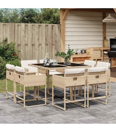 vidaXL 9 Piece Garden Dining Set with Cushions Beige Poly Rattan