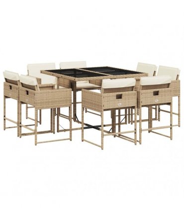 vidaXL 9 Piece Garden Dining Set with Cushions Beige Poly Rattan