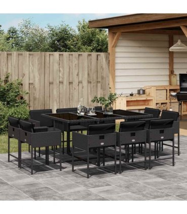 vidaXL 11 Piece Garden Dining Set with Cushions Black Poly Rattan