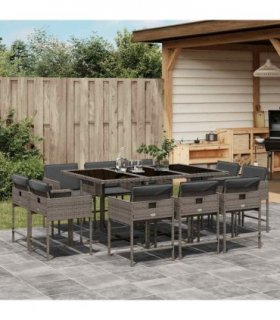 vidaXL 11 Piece Garden Dining Set with Cushions Grey Poly Rattan