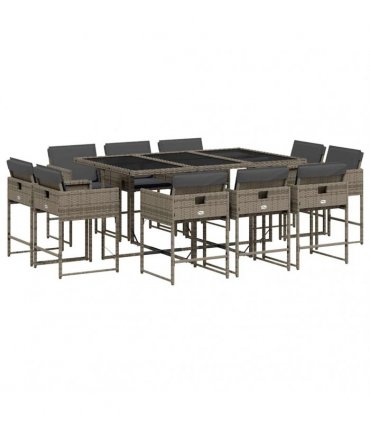 vidaXL 11 Piece Garden Dining Set with Cushions Grey Poly Rattan