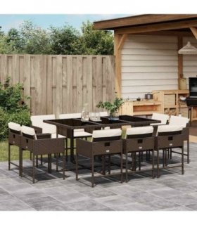vidaXL 11 Piece Garden Dining Set with Cushions Brown Poly Rattan