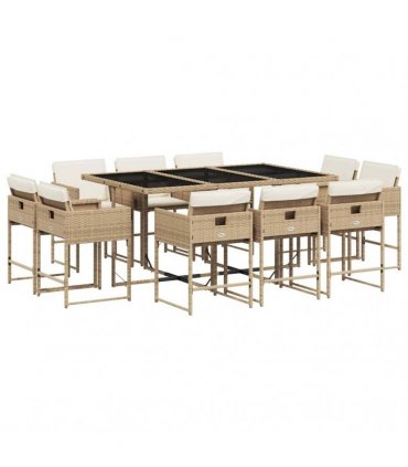 vidaXL 11 Piece Garden Dining Set with Cushions Beige Poly Rattan