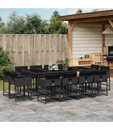 vidaXL 13 Piece Garden Dining Set with Cushions Black Poly Rattan