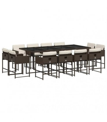 vidaXL 13 Piece Garden Dining Set with Cushions Brown Poly Rattan