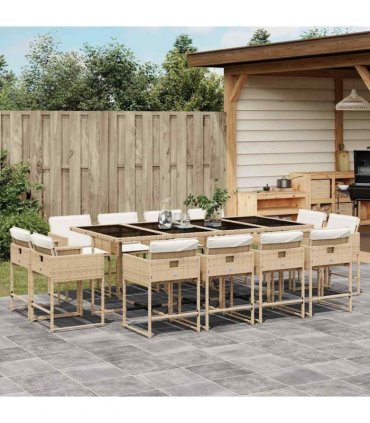 vidaXL 13 Piece Garden Dining Set with Cushions Beige Poly Rattan