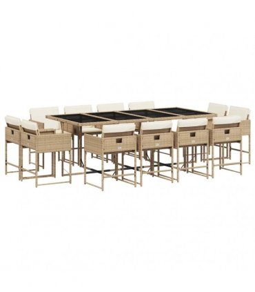 vidaXL 13 Piece Garden Dining Set with Cushions Beige Poly Rattan