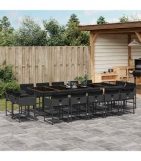 vidaXL 15 Piece Garden Dining Set with Cushions Black Poly Rattan