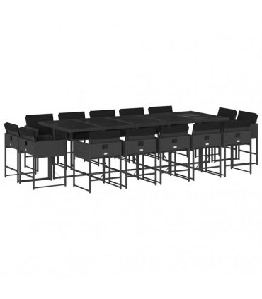 vidaXL 15 Piece Garden Dining Set with Cushions Black Poly Rattan