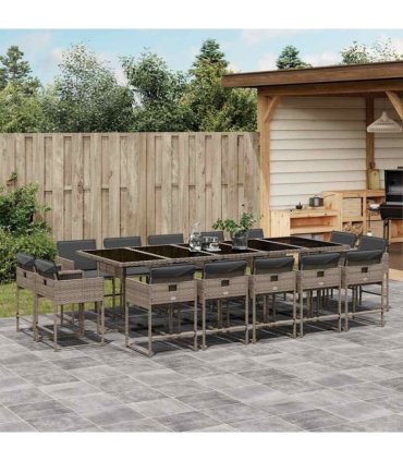 vidaXL 15 Piece Garden Dining Set with Cushions Grey Poly Rattan