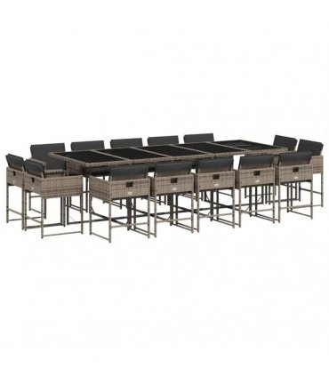 vidaXL 15 Piece Garden Dining Set with Cushions Grey Poly Rattan