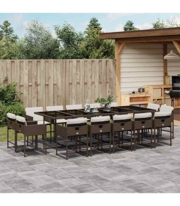 vidaXL 15 Piece Garden Dining Set with Cushions Brown Poly Rattan