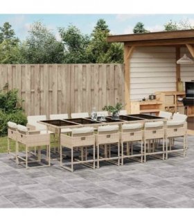 vidaXL 15 Piece Garden Dining Set with Cushions Beige Poly Rattan
