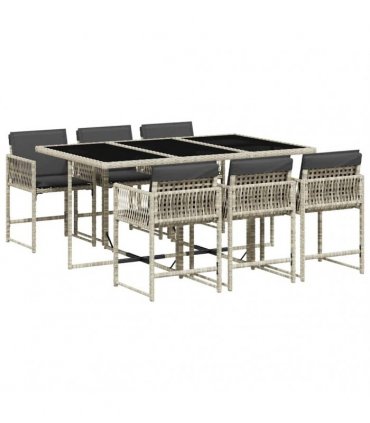 vidaXL 7 Piece Garden Dining Set with Cushions Light Grey Poly Rattan