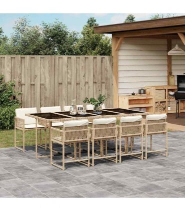 vidaXL 9 Piece Garden Dining Set with Cushions Beige Poly Rattan
