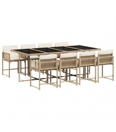 vidaXL 9 Piece Garden Dining Set with Cushions Beige Poly Rattan