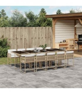 vidaXL 11 Piece Garden Dining Set with Cushions Beige Poly Rattan