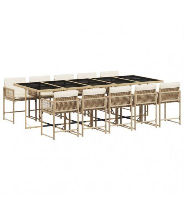 vidaXL 11 Piece Garden Dining Set with Cushions Beige Poly Rattan