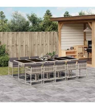 vidaXL 11 Piece Garden Dining Set with Cushions Light Grey Poly Rattan