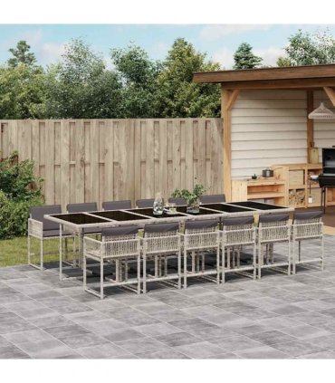 vidaXL 13 Piece Garden Dining Set with Cushions Light Grey Poly Rattan