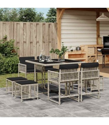 vidaXL 9 Piece Garden Dining Set with Cushions Light Grey Poly Rattan