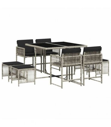 vidaXL 9 Piece Garden Dining Set with Cushions Light Grey Poly Rattan