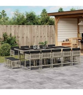 vidaXL 15 Piece Garden Dining Set with Cushions Light Grey Poly Rattan
