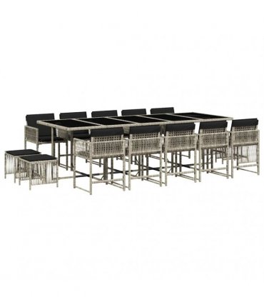 vidaXL 15 Piece Garden Dining Set with Cushions Light Grey Poly Rattan