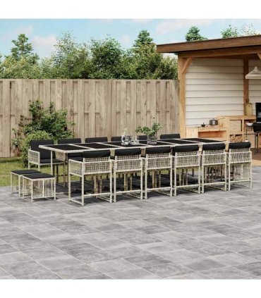 vidaXL 17 Piece Garden Dining Set with Cushions Light Grey Poly Rattan