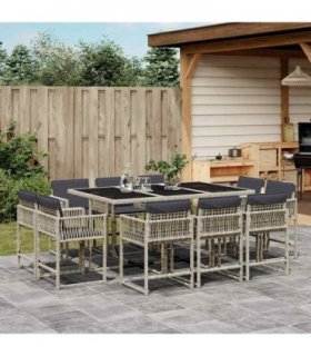 vidaXL 11 Piece Garden Dining Set with Cushions Light Grey Poly Rattan