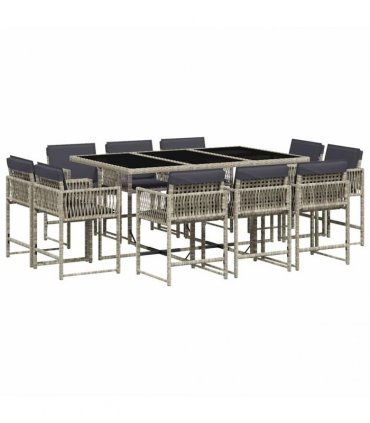 vidaXL 11 Piece Garden Dining Set with Cushions Light Grey Poly Rattan