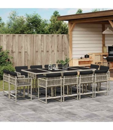vidaXL 13 Piece Garden Dining Set with Cushions Light Grey Poly Rattan