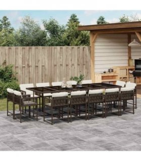 vidaXL 15 Piece Garden Dining Set with Cushions Brown Poly Rattan