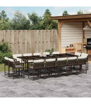 vidaXL 15 Piece Garden Dining Set with Cushions Brown Poly Rattan